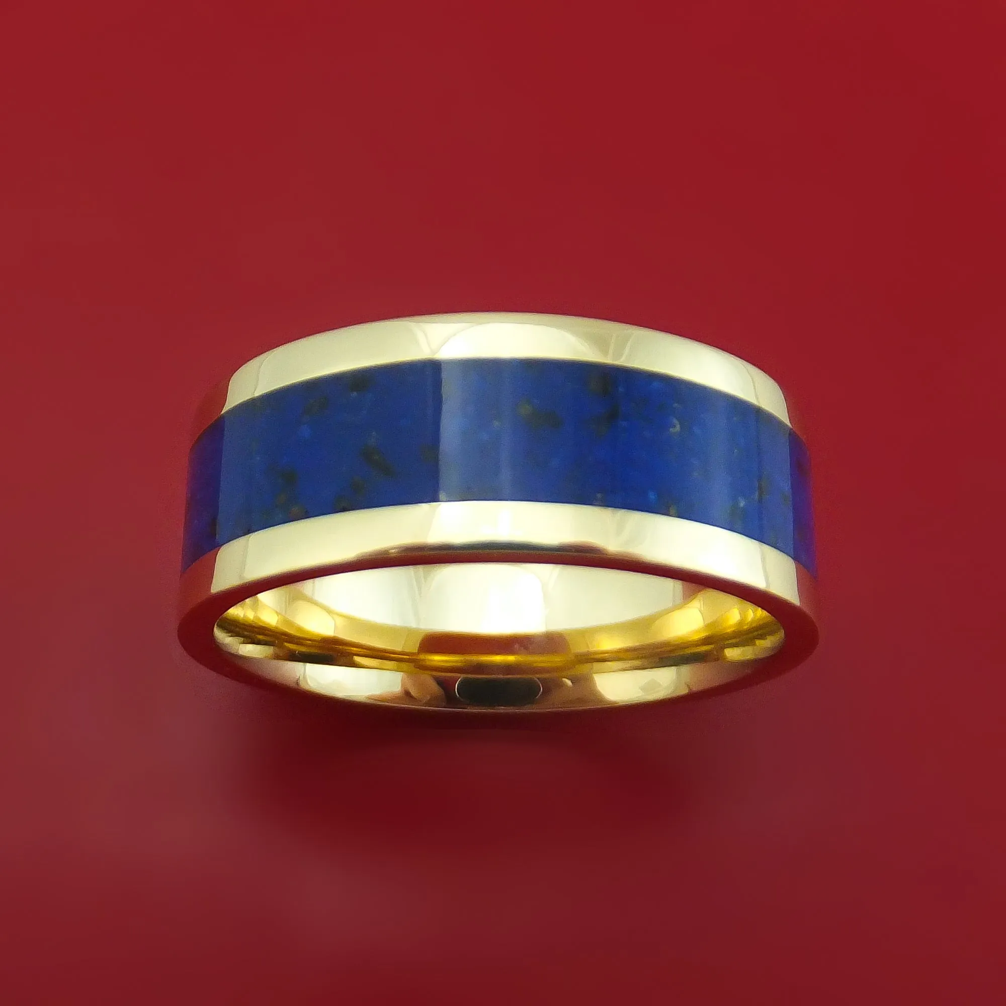 14k Yellow Gold Ring with Lapis and Black Dinosaur Bone Mixed Mosaic Inlay Custom Made Band