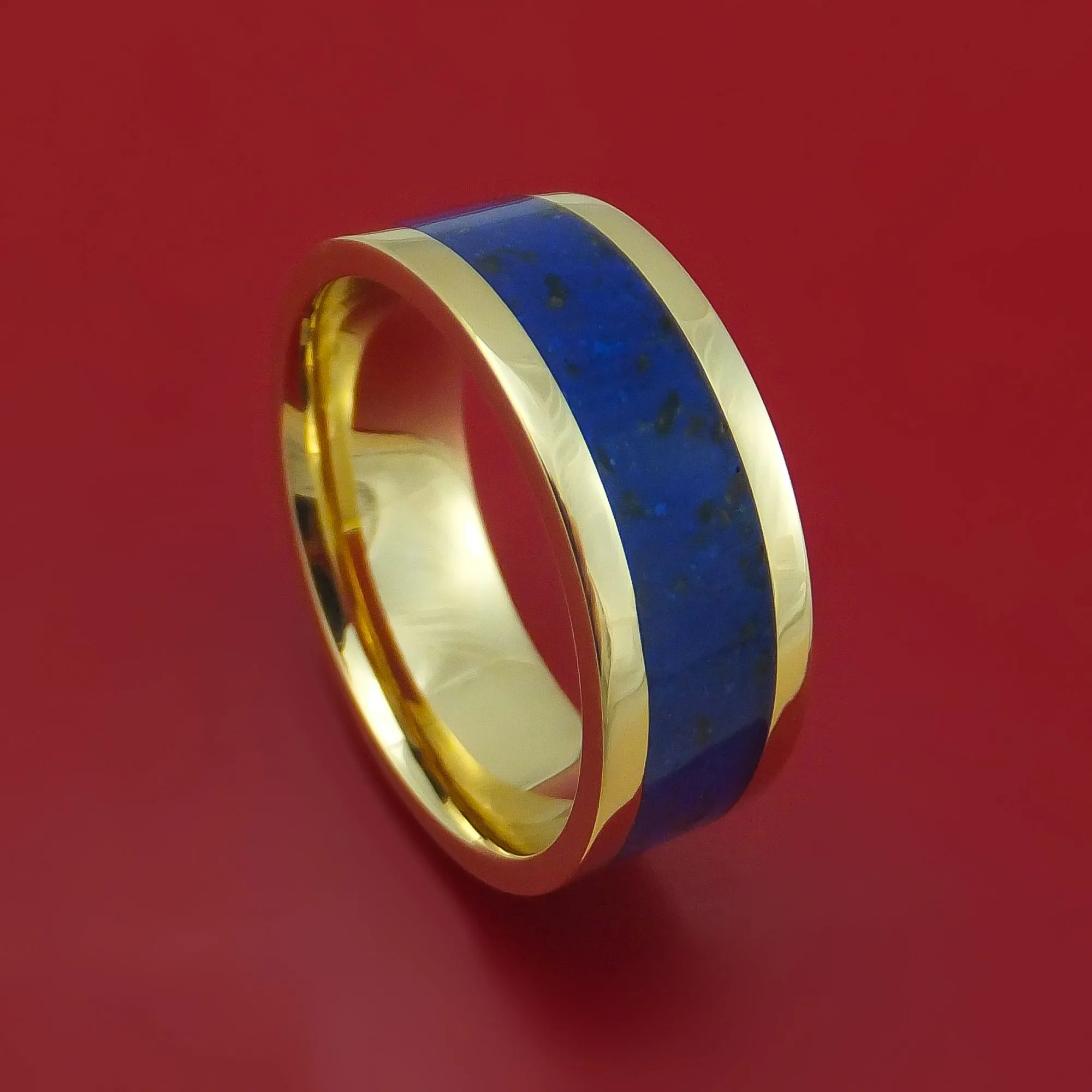 14k Yellow Gold Ring with Lapis and Black Dinosaur Bone Mixed Mosaic Inlay Custom Made Band
