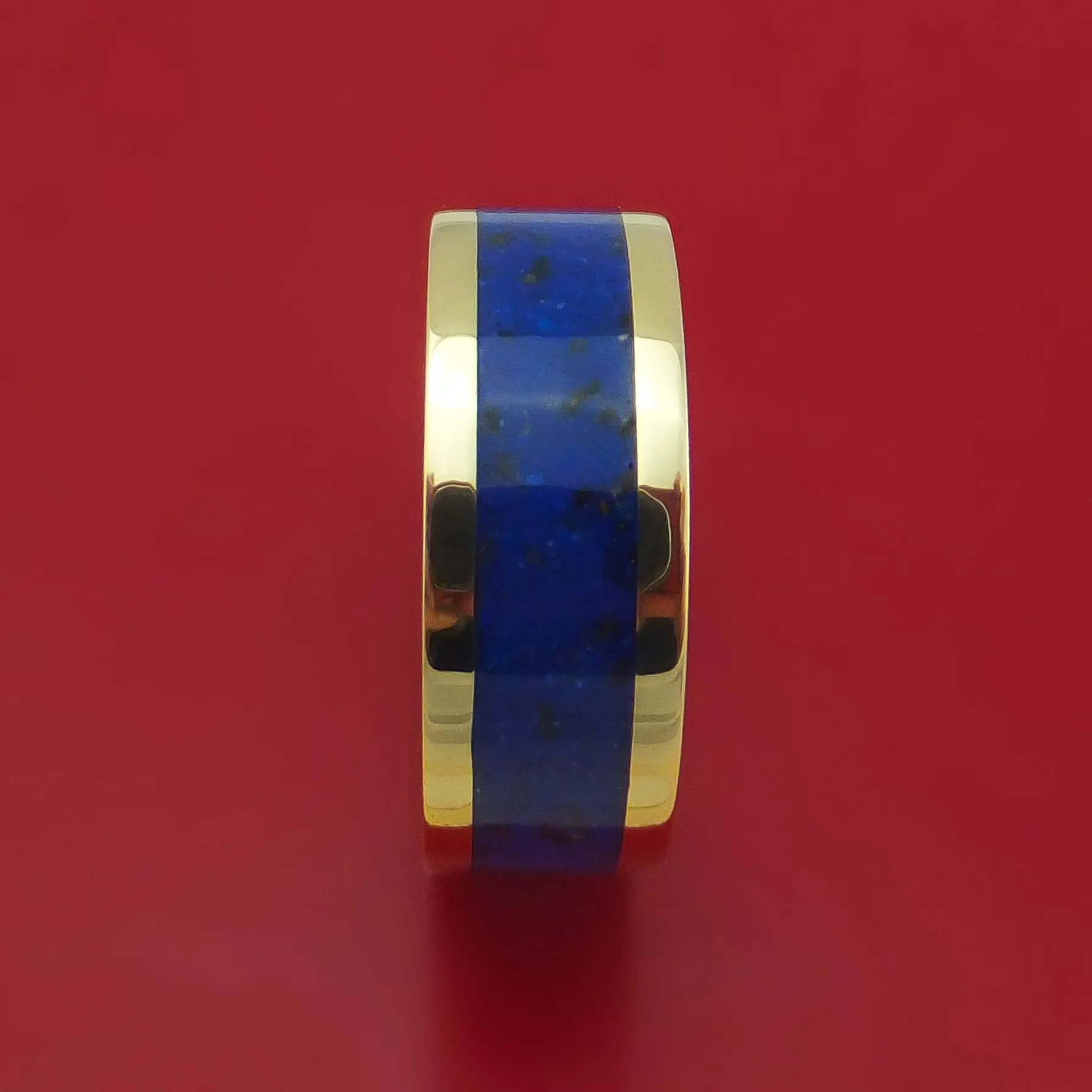 14k Yellow Gold Ring with Lapis and Black Dinosaur Bone Mixed Mosaic Inlay Custom Made Band
