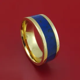 14k Yellow Gold Ring with Lapis and Black Dinosaur Bone Mixed Mosaic Inlay Custom Made Band