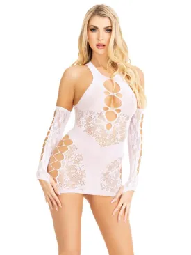 2 Pc Lace Racer Back Mini Dress and Gloves White
