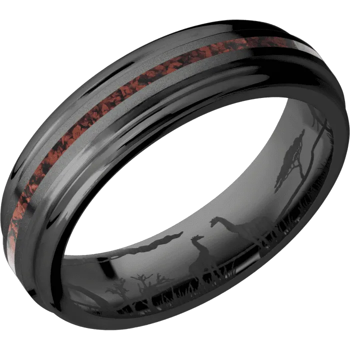 6mm wide Flat Rounded Edges Black Titanium Ring with Bead Blast Finish / One 1mm Centered Red Dinosaur Bone Inlay / Safari Interior Pattern