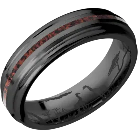 6mm wide Flat Rounded Edges Black Titanium Ring with Bead Blast Finish / One 1mm Centered Red Dinosaur Bone Inlay / Safari Interior Pattern