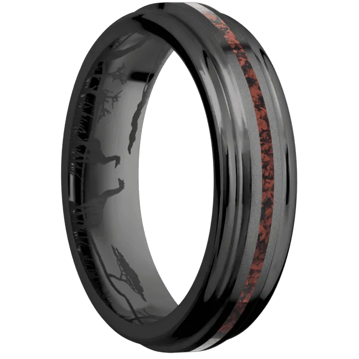 6mm wide Flat Rounded Edges Black Titanium Ring with Bead Blast Finish / One 1mm Centered Red Dinosaur Bone Inlay / Safari Interior Pattern