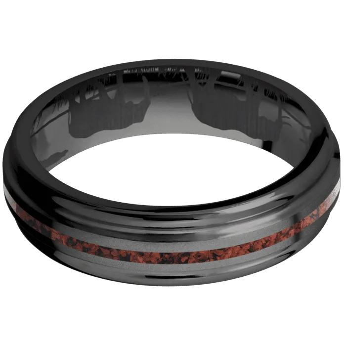 6mm wide Flat Rounded Edges Black Titanium Ring with Bead Blast Finish / One 1mm Centered Red Dinosaur Bone Inlay / Safari Interior Pattern