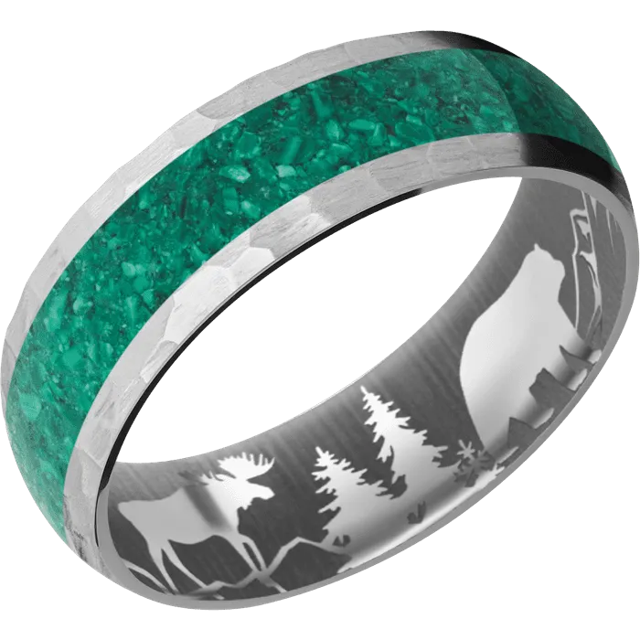 7mm wide Domed Titanium Ring with Hammer Finish / One 4mm Centered Malachite Inlay / None Interior Pattern
