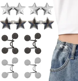 8 Set Pant Waist Tightener Star Buttons Pins for Loose Jeans Reusable Waist Cincher Clip Metal Star Tightener for Clothing Dresses Skirts No Sewing Decoration Accessories(Silver Black)