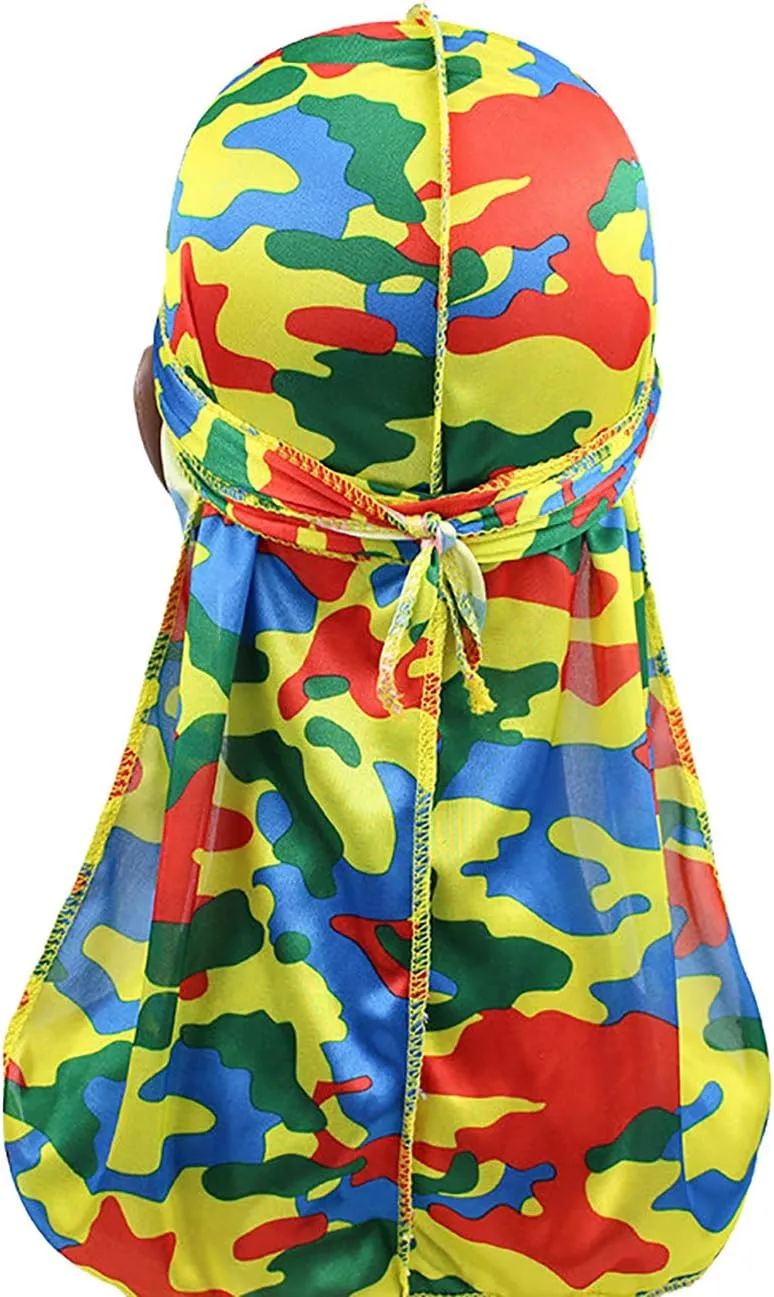 ALIDIA 4 Pieces Extra Long Tail Wide Straps Silky Camouflage Durag for Men 360 Waves