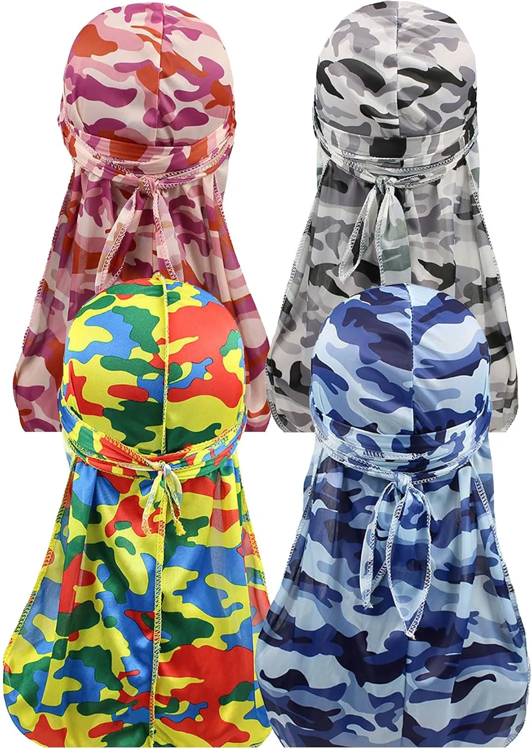ALIDIA 4 Pieces Extra Long Tail Wide Straps Silky Camouflage Durag for Men 360 Waves