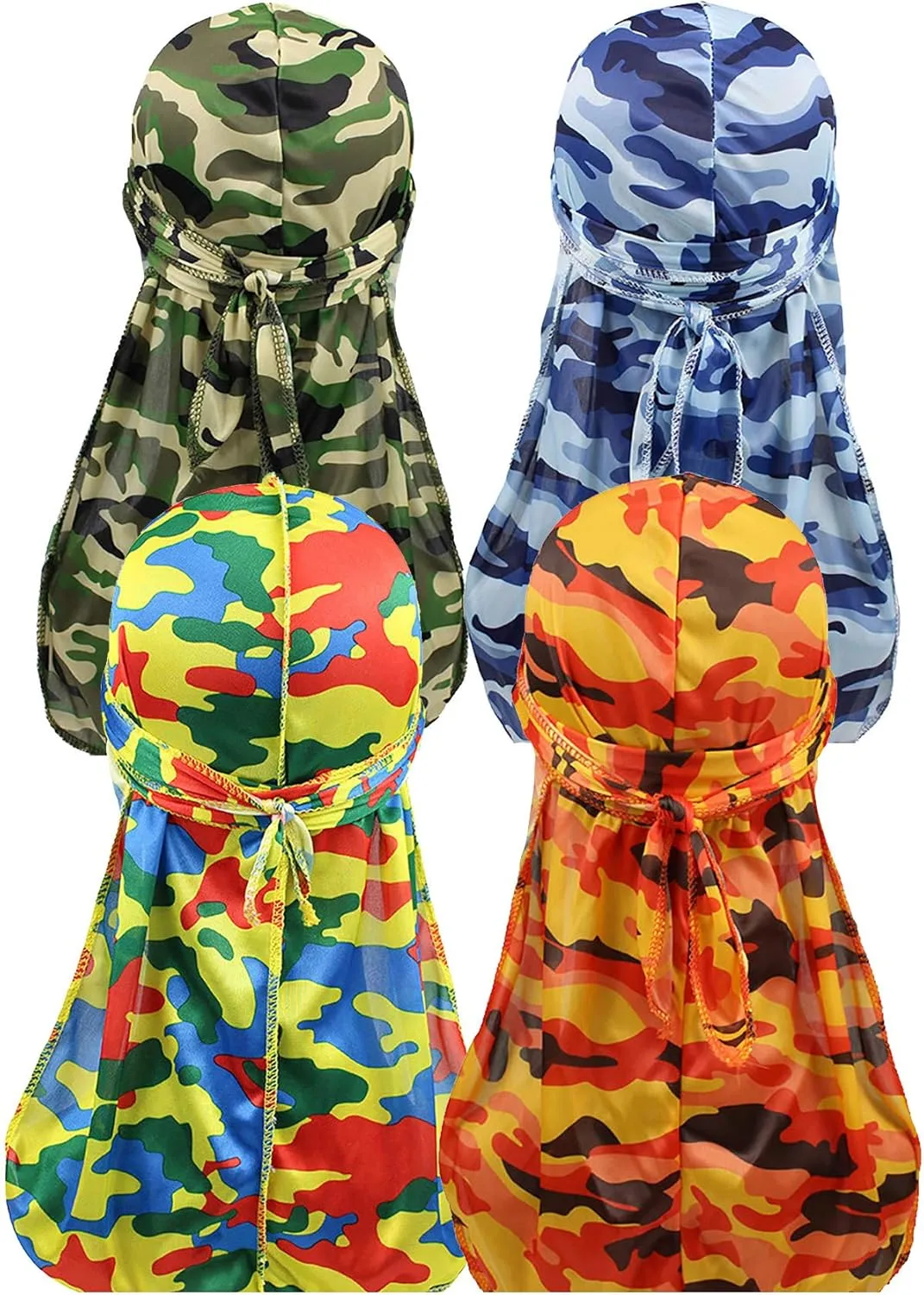 ALIDIA 4 Pieces Extra Long Tail Wide Straps Silky Camouflage Durag for Men 360 Waves