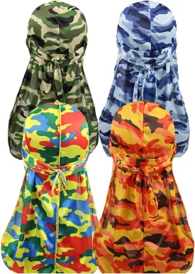ALIDIA 4 Pieces Extra Long Tail Wide Straps Silky Camouflage Durag for Men 360 Waves