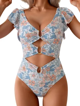 B2prity Women's One Piece Swimsuit Ruffle Sleeve Cut Out Bathing Suit Tie Back High Waisted Swim Suit