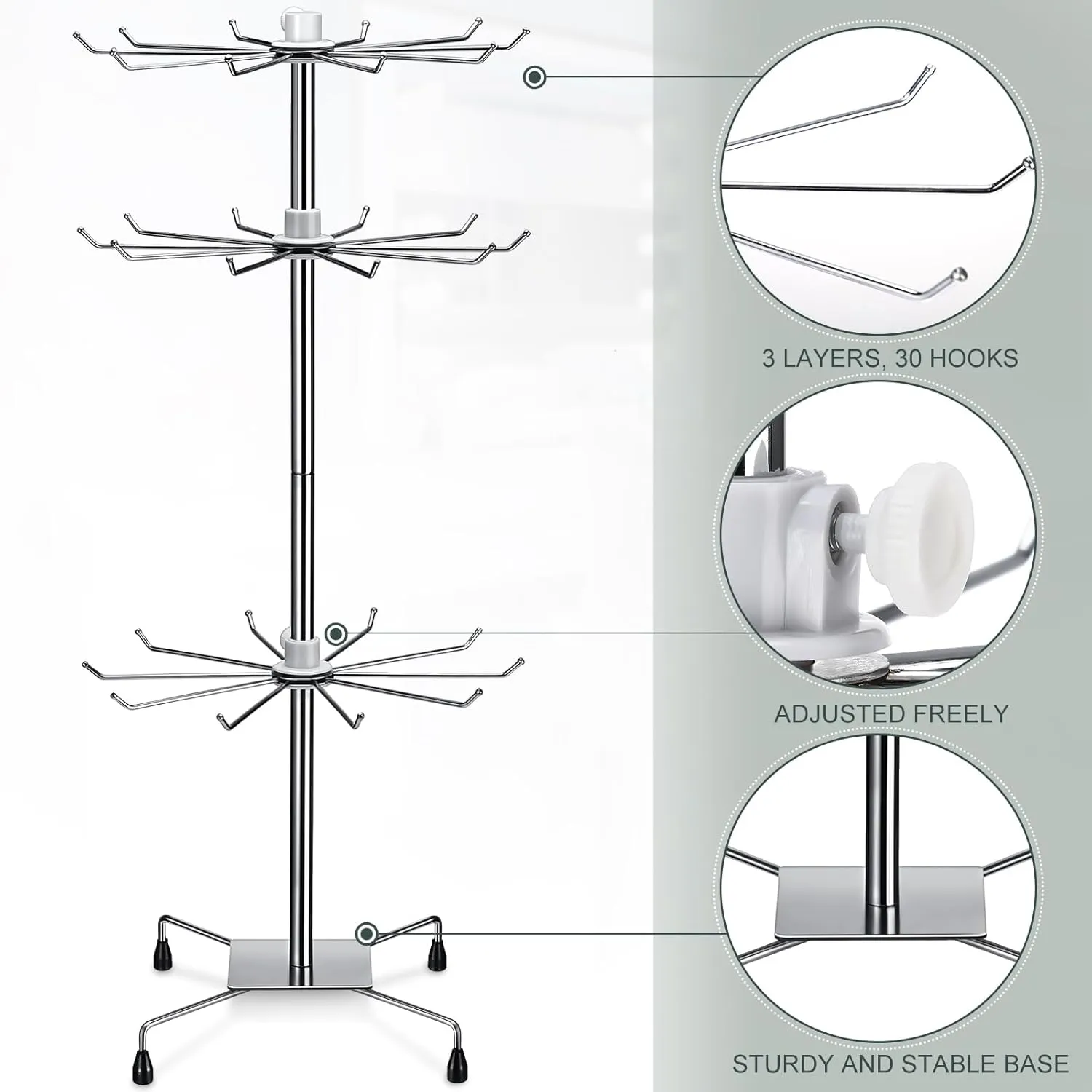BBTO 2 Pcs Rotating Display Stand Jewelry Display Rack with Hooks Metal Earrings Stand for Vendors Necklace Bracelet Selling(Silver,28.35 x 11.81 Inch)