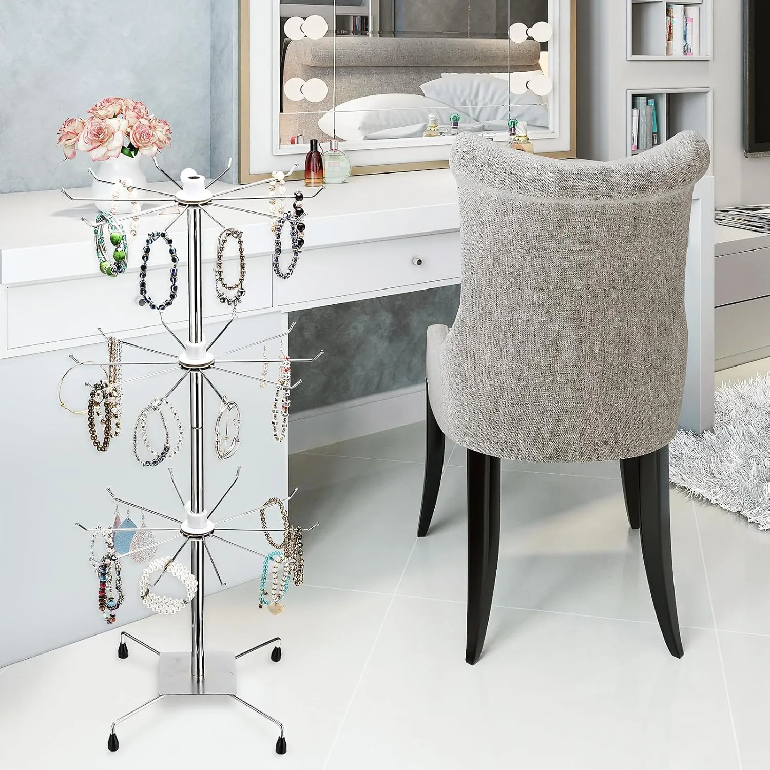 BBTO 2 Pcs Rotating Display Stand Jewelry Display Rack with Hooks Metal Earrings Stand for Vendors Necklace Bracelet Selling(Silver,28.35 x 11.81 Inch)