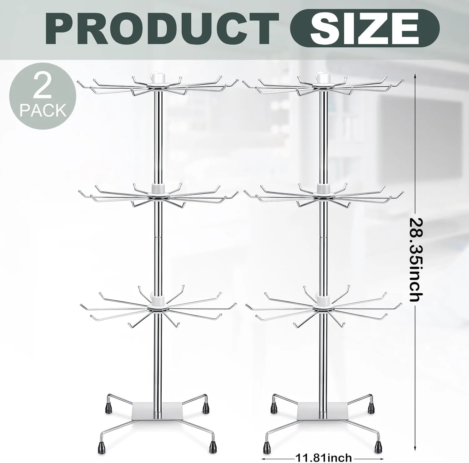BBTO 2 Pcs Rotating Display Stand Jewelry Display Rack with Hooks Metal Earrings Stand for Vendors Necklace Bracelet Selling(Silver,28.35 x 11.81 Inch)