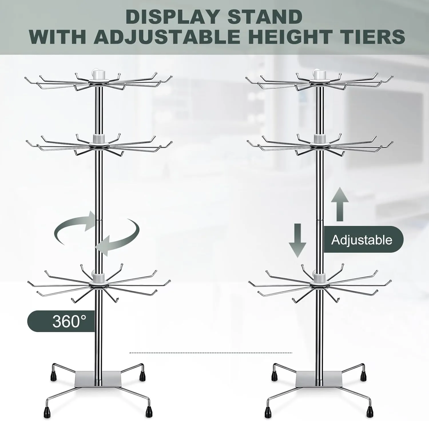 BBTO 2 Pcs Rotating Display Stand Jewelry Display Rack with Hooks Metal Earrings Stand for Vendors Necklace Bracelet Selling(Silver,28.35 x 11.81 Inch)