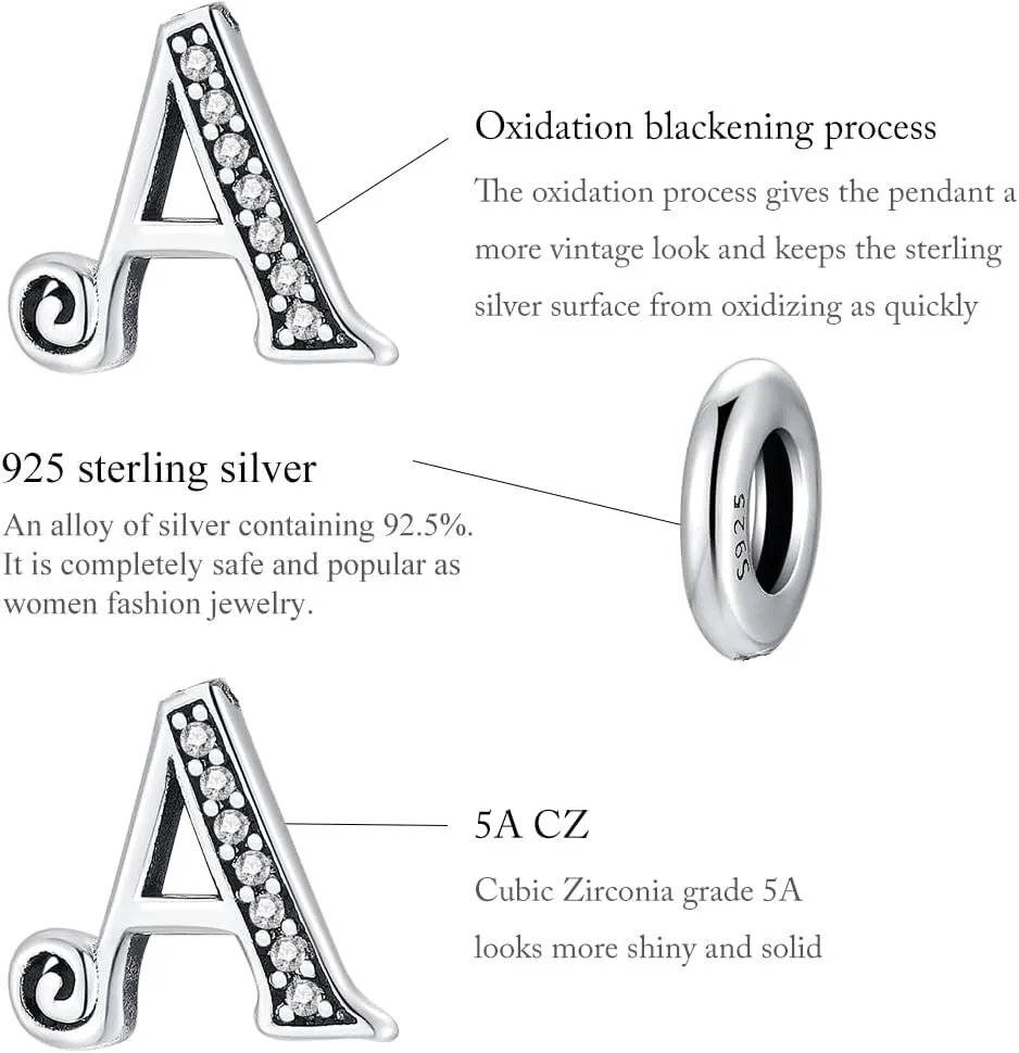BETTY&SARAH 925 Sterling Silver Letter Charms for Bracelets and Necklace Alphabet Initial Pendant Jewelry Gift for Women