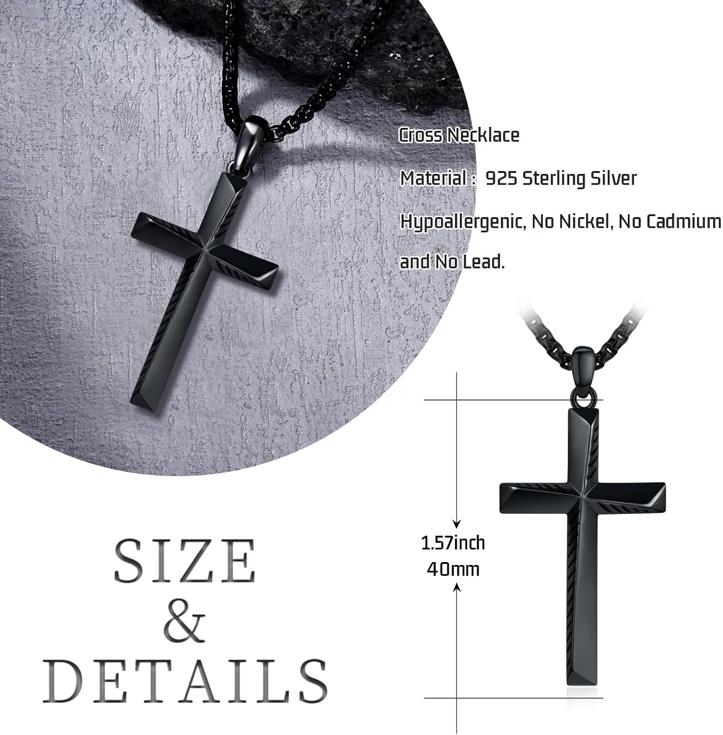 Black Cross Necklace for Men 925 Sterling Silver Cross Pendant Necklace Cross Jewelry Gifts for Men Women