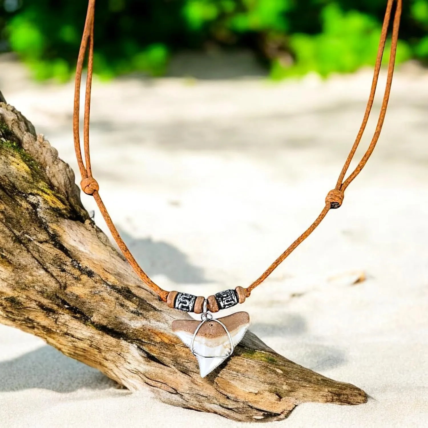 BlueRica Shark Tooth Pendant on Adjustable Cord with Wood Accent Beads Necklace