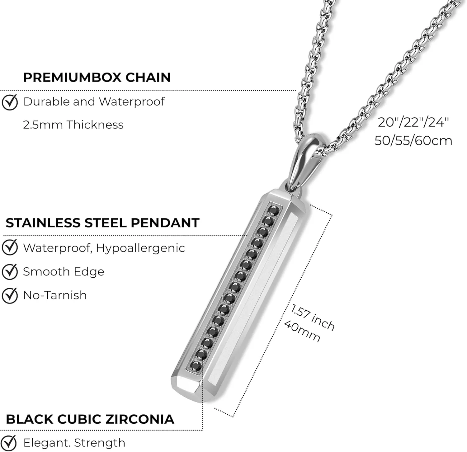 COAI Stainless Steel Pendant Necklace for Men, Bar Pendant Necklace for Men 20"/22"/24"