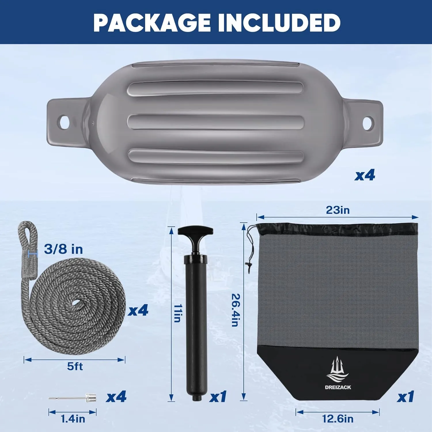 Dreizack Boat Fenders 4 Pack, Boat Bumpers for Docking with 4 Ropes, Inflatable Ribbed Marine Pontoon Boat Fender Bumper for Docks with 1 Storage Bag, 1 Air Pump and 4 Needles