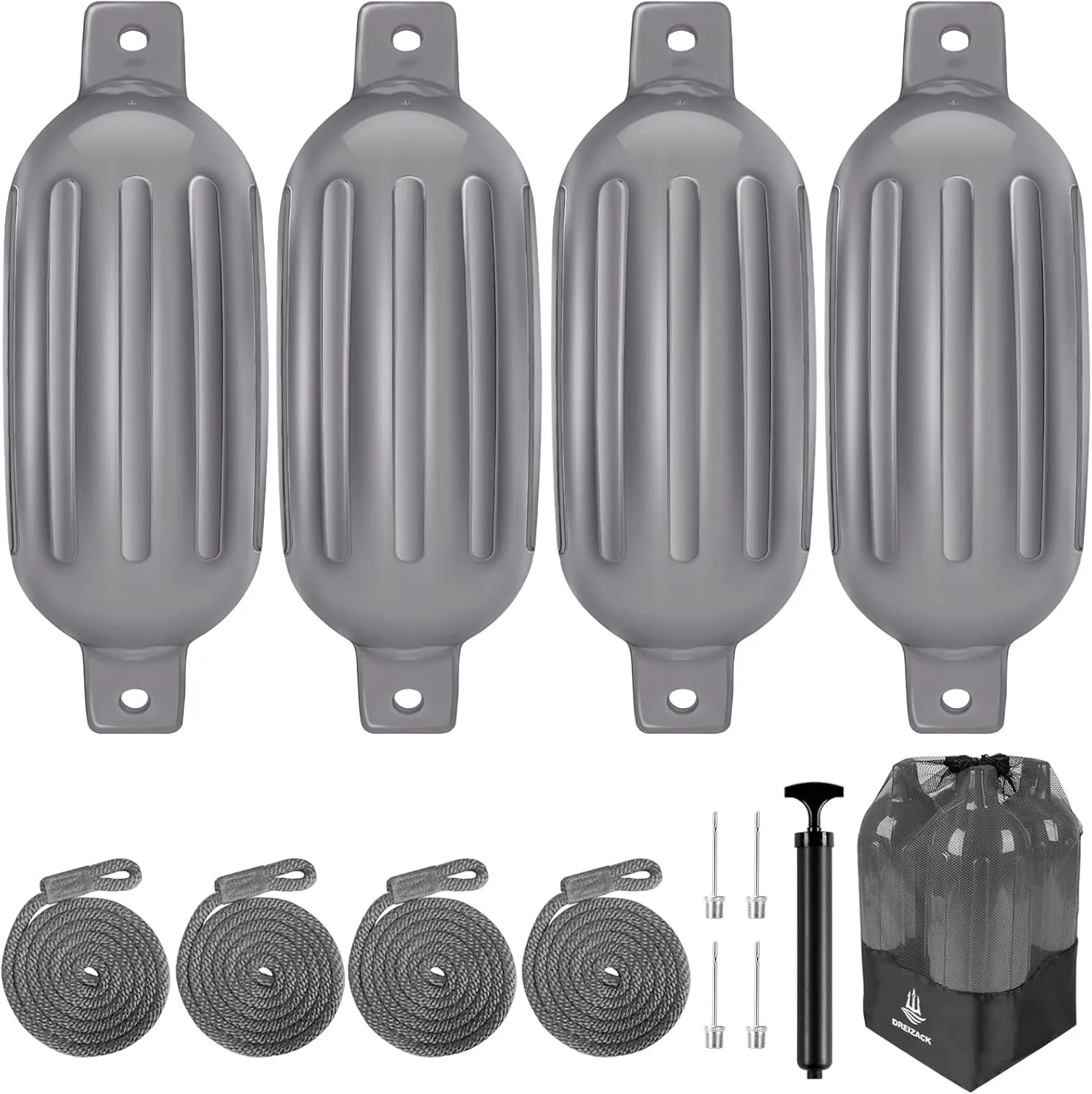 Dreizack Boat Fenders 4 Pack, Boat Bumpers for Docking with 4 Ropes, Inflatable Ribbed Marine Pontoon Boat Fender Bumper for Docks with 1 Storage Bag, 1 Air Pump and 4 Needles