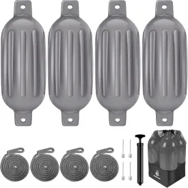 Dreizack Boat Fenders 4 Pack, Boat Bumpers for Docking with 4 Ropes, Inflatable Ribbed Marine Pontoon Boat Fender Bumper for Docks with 1 Storage Bag, 1 Air Pump and 4 Needles