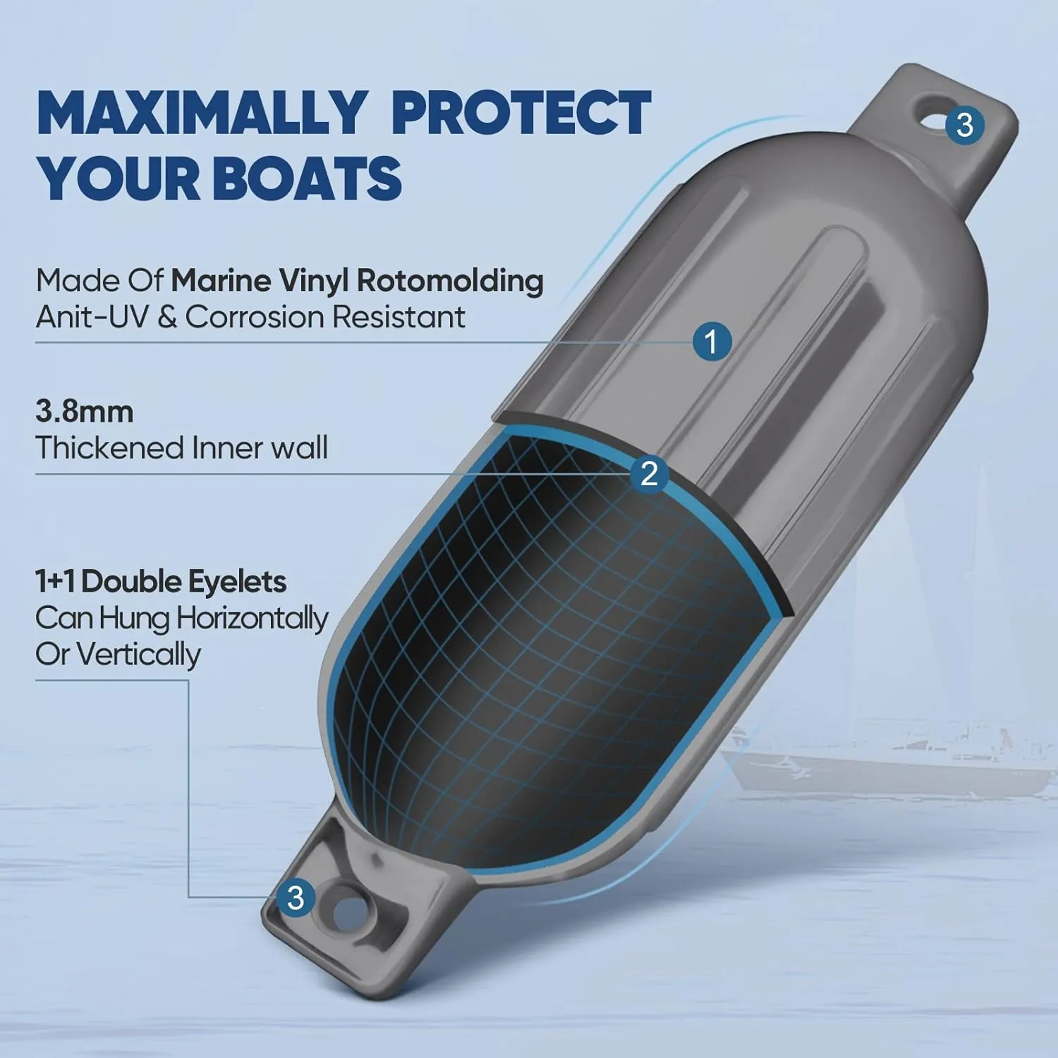 Dreizack Boat Fenders 4 Pack, Boat Bumpers for Docking with 4 Ropes, Inflatable Ribbed Marine Pontoon Boat Fender Bumper for Docks with 1 Storage Bag, 1 Air Pump and 4 Needles