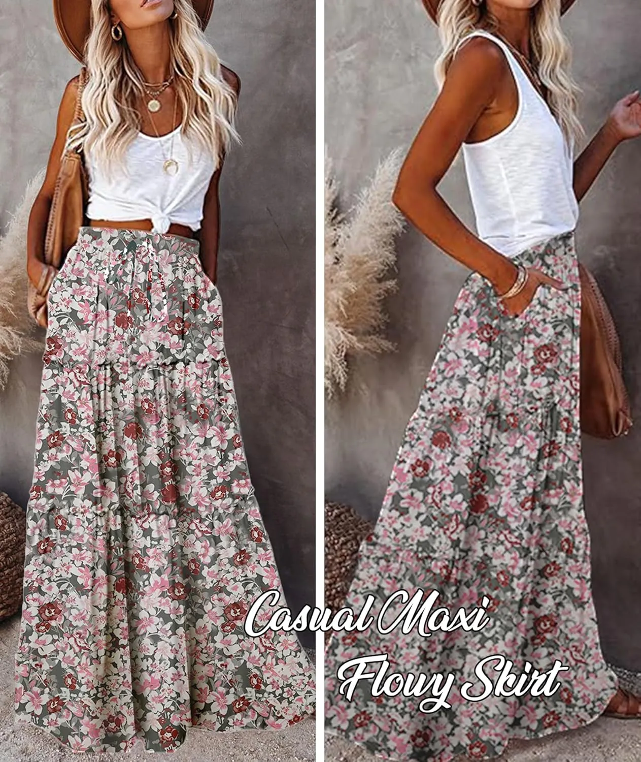 EARKOHA Womens Casual High Waist Tie Paisley Print Long Maxi Skirt with Pockets