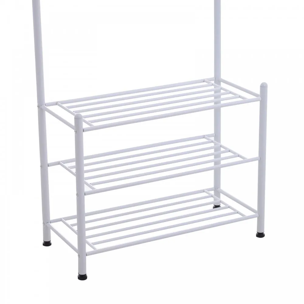 Entryway Coat Hanger Metal Multi-purpose 18 Hooks 3 Tier Shoes Rack Stand Hat Clothes Organizer Umbrella Stands - White