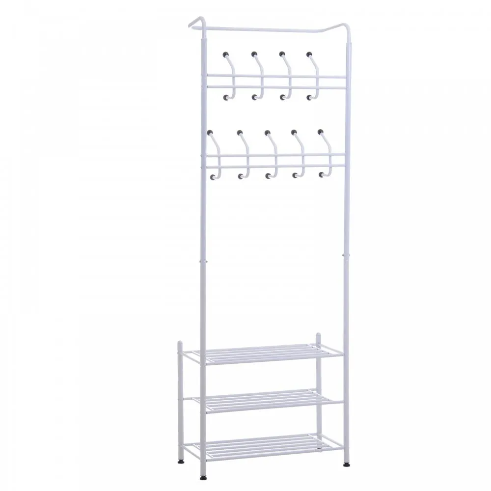 Entryway Coat Hanger Metal Multi-purpose 18 Hooks 3 Tier Shoes Rack Stand Hat Clothes Organizer Umbrella Stands - White