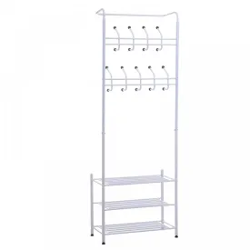 Entryway Coat Hanger Metal Multi-purpose 18 Hooks 3 Tier Shoes Rack Stand Hat Clothes Organizer Umbrella Stands - White