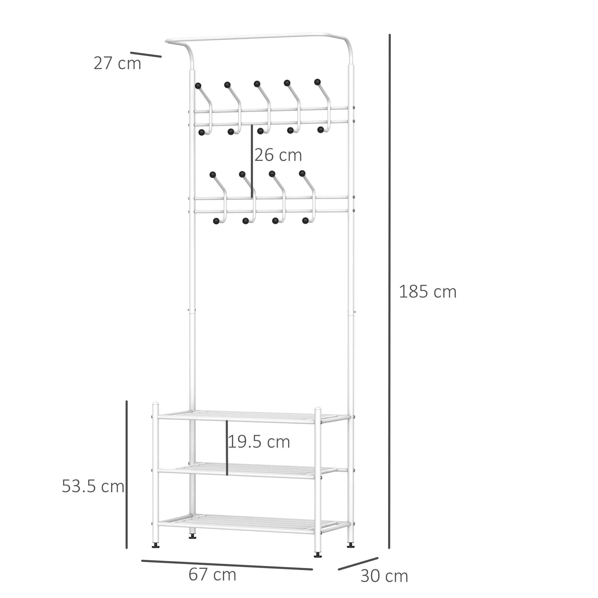 Entryway Coat Hanger Metal Multi-purpose 18 Hooks 3 Tier Shoes Rack Stand Hat Clothes Organizer Umbrella Stands - White