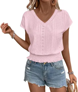 Eyelet Tops for Women Summer V Neck Short Sleeve Shirts Fashion Smocked Waist Crop Tops Casual Plain T Shirts 2025