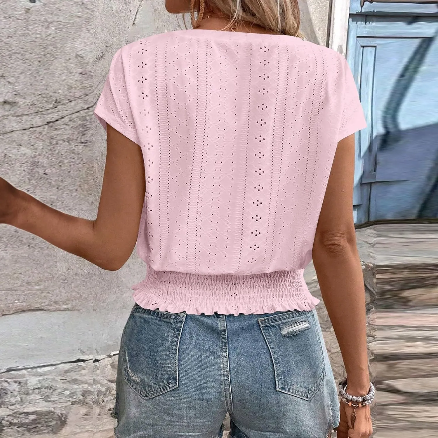 Eyelet Tops for Women Summer V Neck Short Sleeve Shirts Fashion Smocked Waist Crop Tops Casual Plain T Shirts 2025