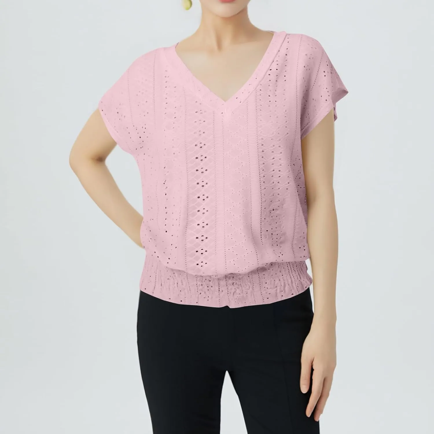 Eyelet Tops for Women Summer V Neck Short Sleeve Shirts Fashion Smocked Waist Crop Tops Casual Plain T Shirts 2025