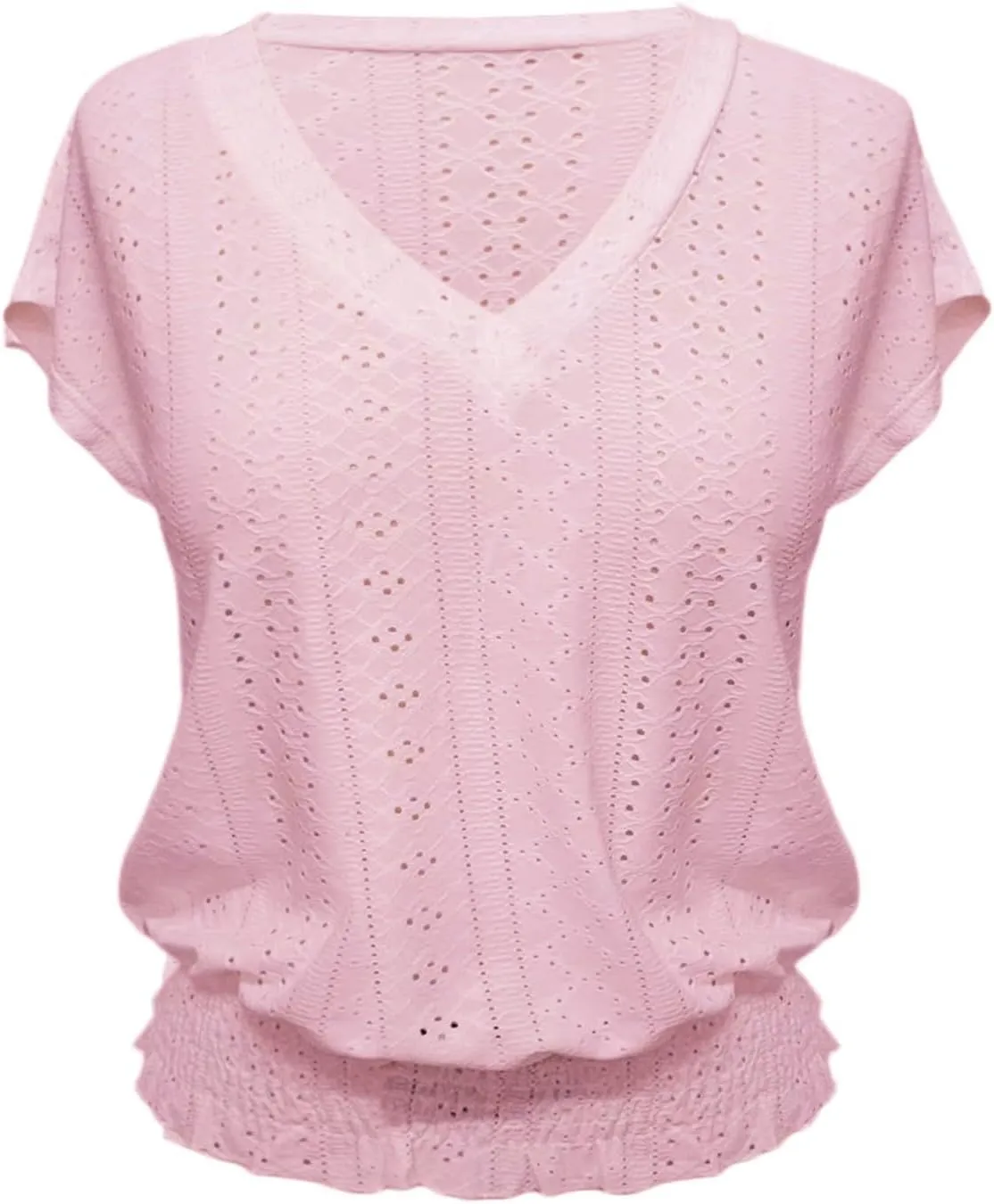 Eyelet Tops for Women Summer V Neck Short Sleeve Shirts Fashion Smocked Waist Crop Tops Casual Plain T Shirts 2025