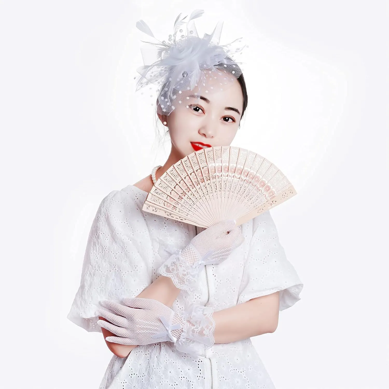 Fascinators Hat for Women Tea Party Pillbox Hat Set Mesh Veil 20s 50s Headwear Lace Gloves Pearl Necklace Earrings