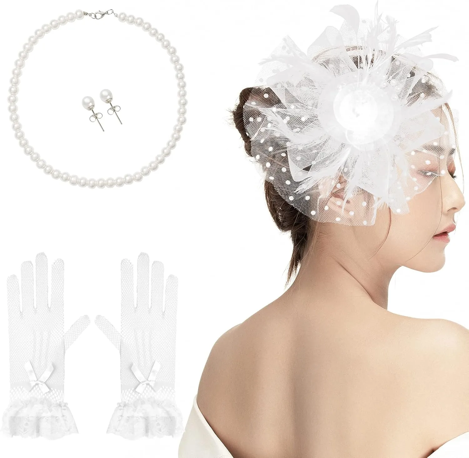Fascinators Hat for Women Tea Party Pillbox Hat Set Mesh Veil 20s 50s Headwear Lace Gloves Pearl Necklace Earrings
