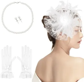 Fascinators Hat for Women Tea Party Pillbox Hat Set Mesh Veil 20s 50s Headwear Lace Gloves Pearl Necklace Earrings