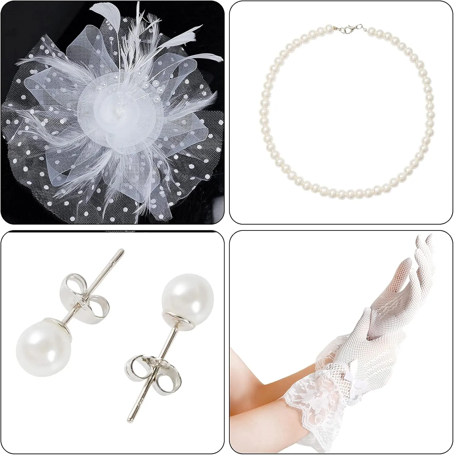Fascinators Hat for Women Tea Party Pillbox Hat Set Mesh Veil 20s 50s Headwear Lace Gloves Pearl Necklace Earrings