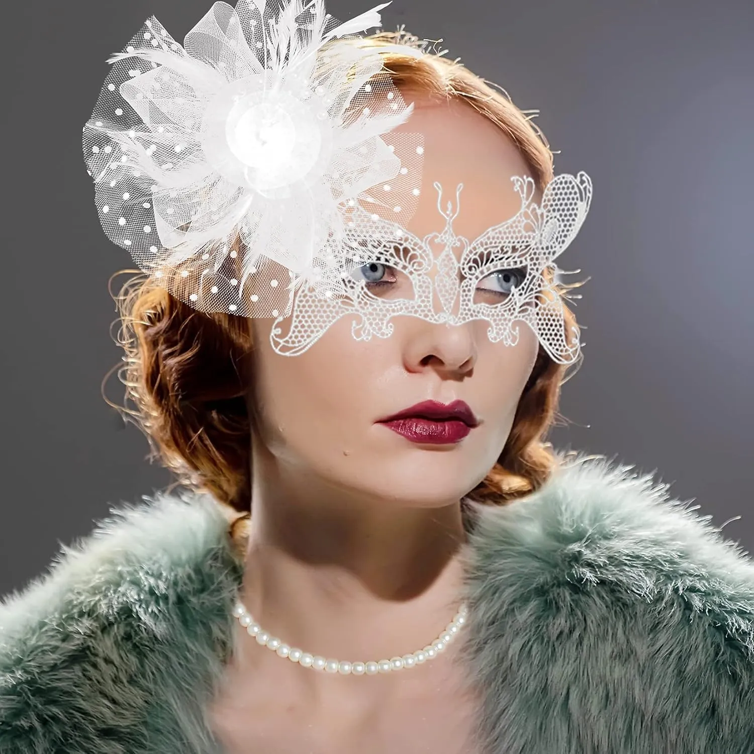 Fascinators Hat for Women Tea Party Pillbox Hat Set Mesh Veil 20s 50s Headwear Lace Gloves Pearl Necklace Earrings