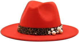 Fashion Leopard Texture Pearl Wool Hat Men and Women Jazz Hat Autumn and Winter Versatile Felt Hat Flat Brim Hat with Leopard Belt Fengyan Cowboy Hats (Color : Orange red, Size : 56-58cm)