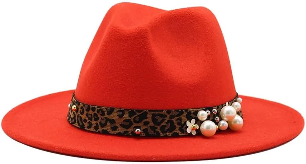 Fashion Leopard Texture Pearl Wool Hat Men and Women Jazz Hat Autumn and Winter Versatile Felt Hat Flat Brim Hat with Leopard Belt Fengyan Cowboy Hats (Color : Orange red, Size : 56-58cm)