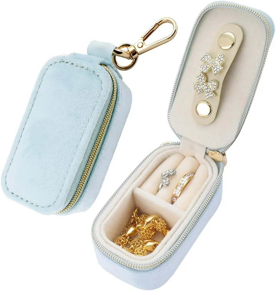 FCGOD Velvet Mini Travel Jewelry Case - 2-in-1 Ring Holder Keychain Organizer, Portable Clutch for Earrings/Necklace, Wedding Party & Vacation Daily Storage Bag Gift for Women (Blue)