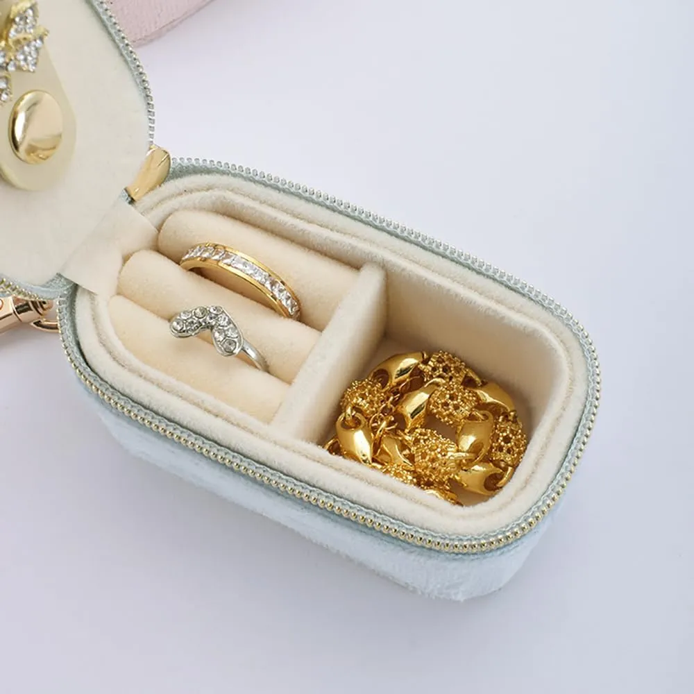 FCGOD Velvet Mini Travel Jewelry Case - 2-in-1 Ring Holder Keychain Organizer, Portable Clutch for Earrings/Necklace, Wedding Party & Vacation Daily Storage Bag Gift for Women (Blue)