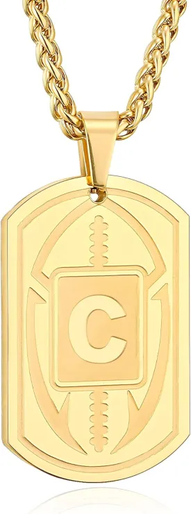 Football Initial Necklace for Men Boys Kids Teen Dog Tag Stainless Steel Sliver/Black/Gold Letter Pendant Sport Football Athletes Jewelry for Him Kids Boys Men Teens Boyfriend Husband Dad