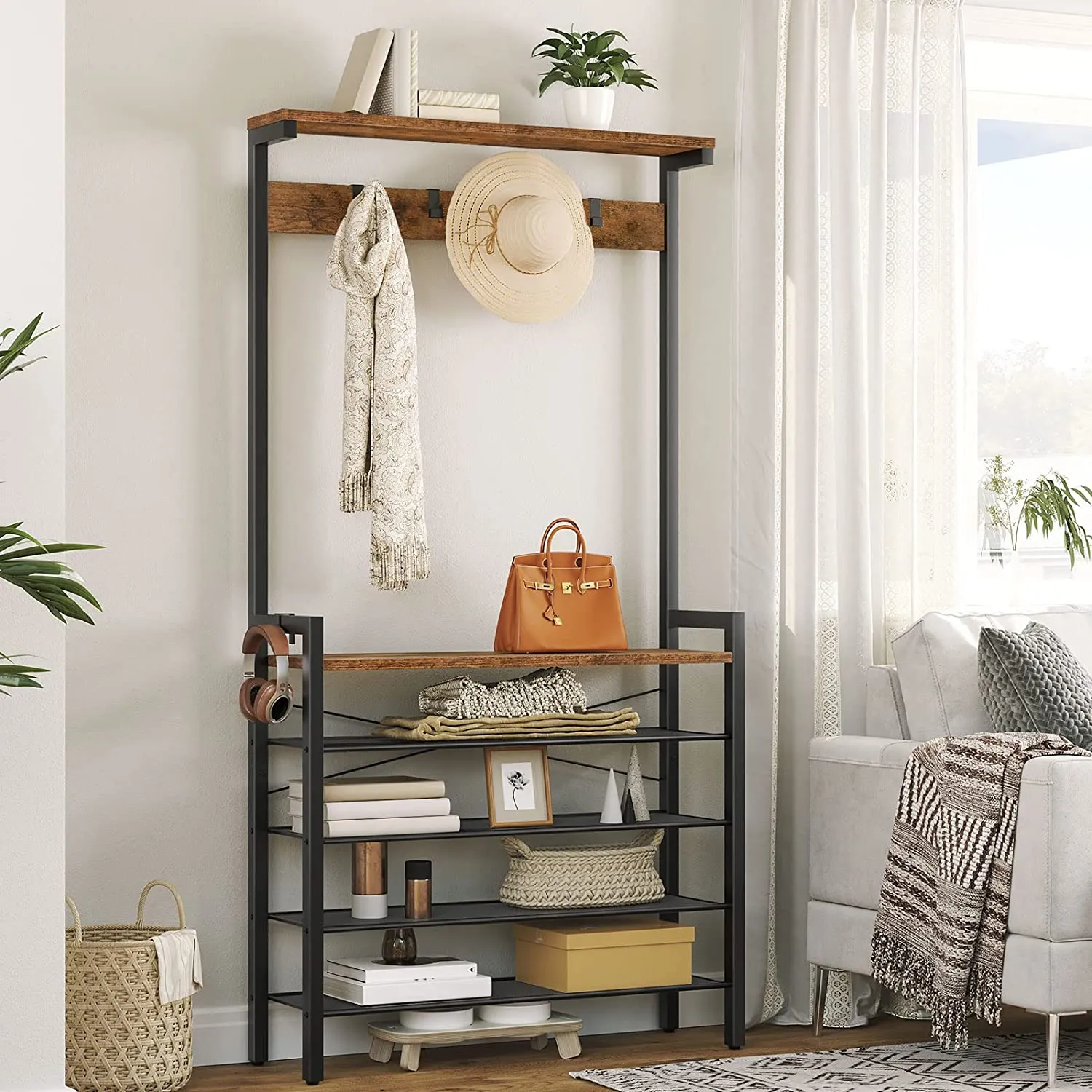 Hall Tree, Coat Rack, Shoe Rack, 5-tier Freestanding shelf, Shoe Storage