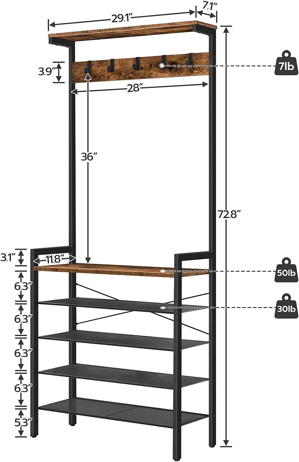Hall Tree, Coat Rack, Shoe Rack, 5-tier Freestanding shelf, Shoe Storage