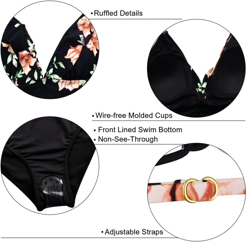 Hilor Women's Tankini Swimsuits Shirred Tummy Control Swimwear Ruffled V Neck Two Piece Bathing Suits